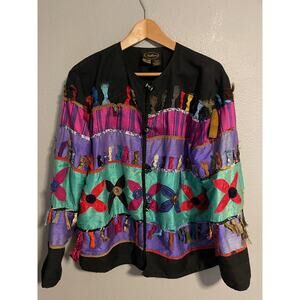 VTG Allure Jacket Womens Large Silk Multicolor Floral Embroidered Artsy 90s READ
